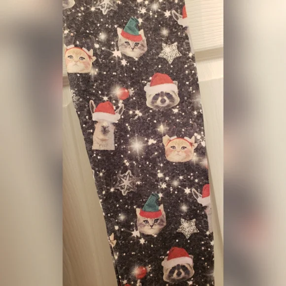 Gray Christmas Patterned Animal Santa Print Jersey Leggings Women's Size Small - Picture 2 of 4
